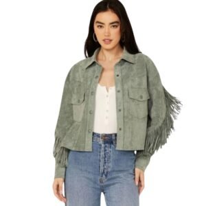 Green suede fringe leather jacket for women