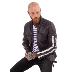 Purple Sheepskin Leather Jacket for Men with White Stripe