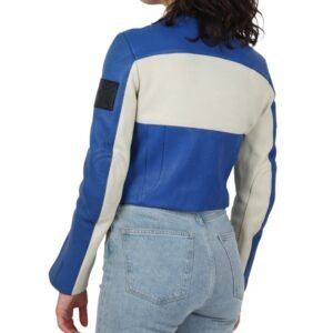 Sporty leather jacket in blue and white with striped sleeve
