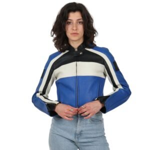 Blue and white leather jacket with bold sleeve stripes