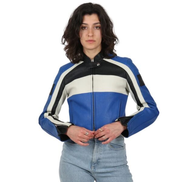 Blue and white leather jacket with bold sleeve stripes