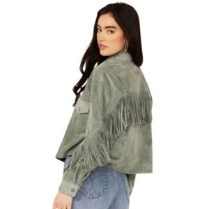 women’s genuine green suede leather jacket with long fringe details