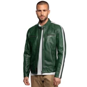 Men’s Street Style Green Leather Jacket with Contrast Stripes