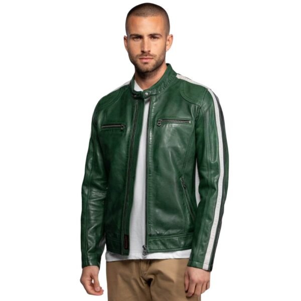 Men’s Street Style Green Leather Jacket with Contrast Stripes