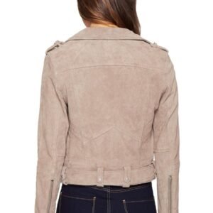 Trendy and versatile suede leather jacket with lapels and a bold, modern look.
