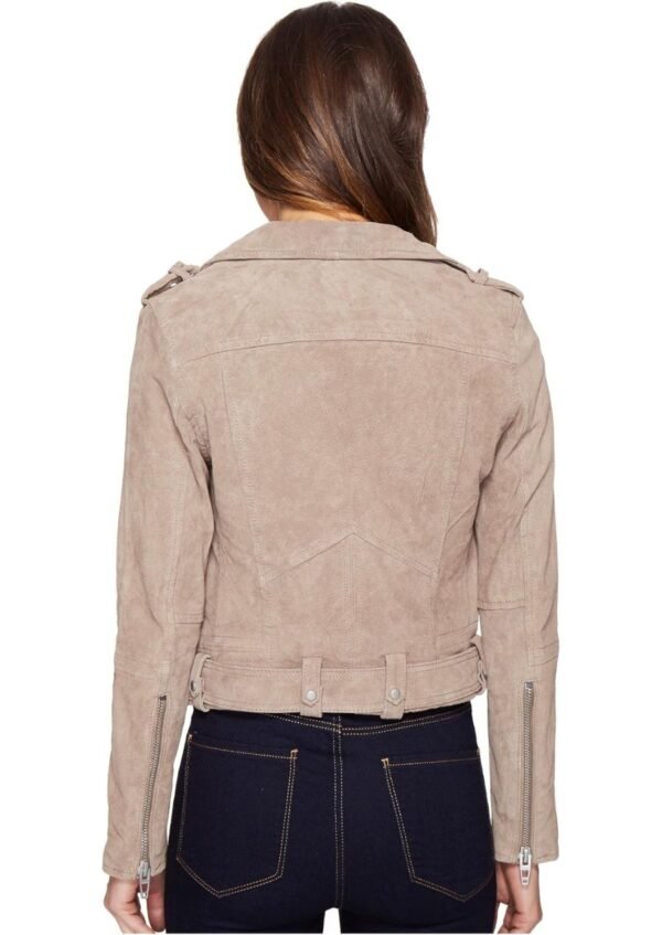 Trendy and versatile suede leather jacket with lapels and a bold, modern look.