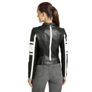 black and white stripe leather jacket for women