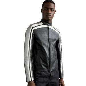 Sporty Black Leather Biker Jacket with Contrast Detail