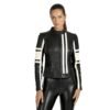 Women’s black leather jacket with white stripes