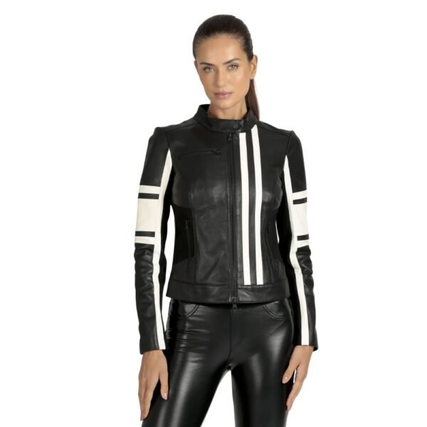 Women’s black leather jacket with white stripes