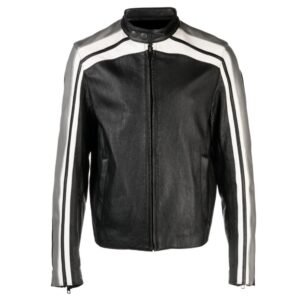 Men’s Black Sheepskin Leather Jacket with White Stripe