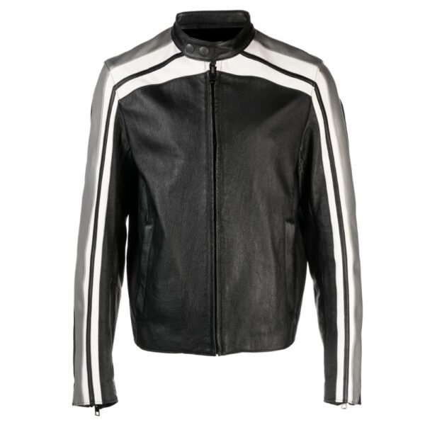 Men’s Black Sheepskin Leather Jacket with White Stripe
