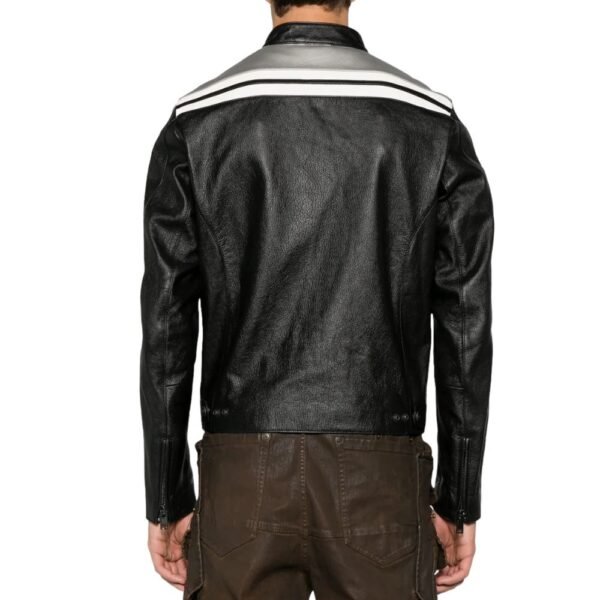 Men’s Street Style Leather Jacket – Black with White Stripe