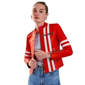 red leather biker jacket for women with white accent stripe
