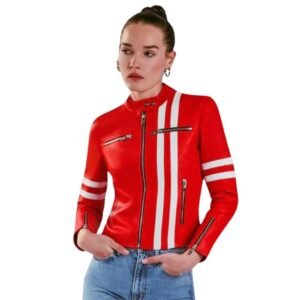 Women's red leather jacket with white stripe