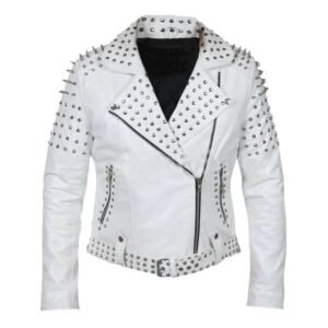 white leather studded jacket womens