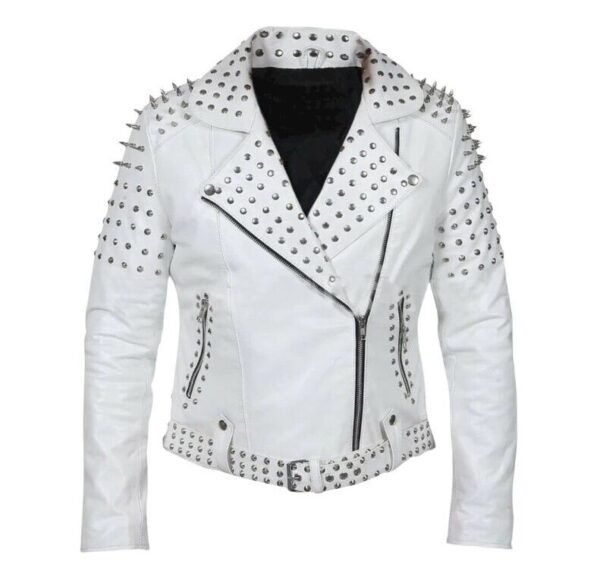 white leather studded jacket womens