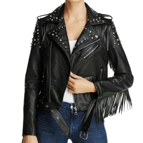 leather studded fringe moto jacket