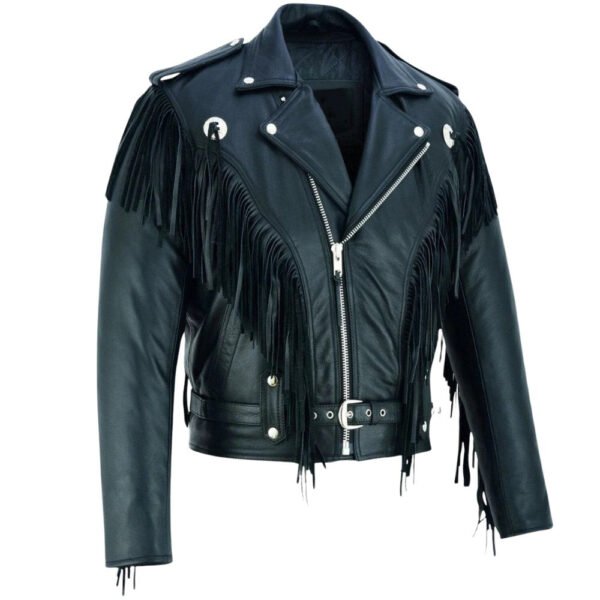 black leather biker jacket with fringe