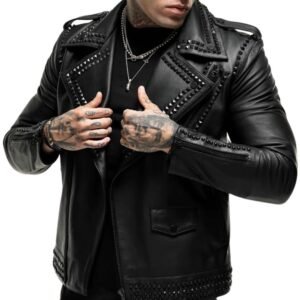 black leather jacket with spikes on shoulders