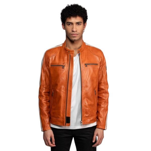 Brown Leather Jacket with Bold Stripe Detail for Men