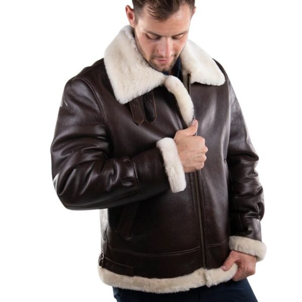 Brown leather jacket with faux shearling fur