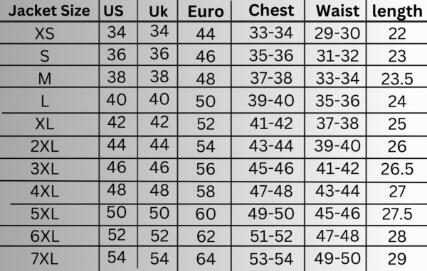 men jacket size chart