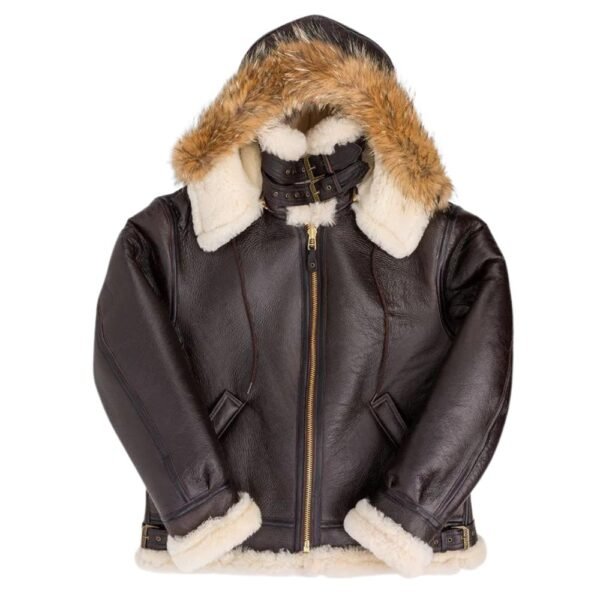 b3 bomber brown leather sherpa jacket with fur hoodie