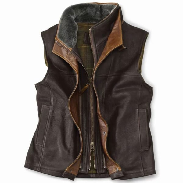 sheepskin brown leather vest with fur collar