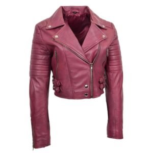 bustier cropped burgundy leather jacket