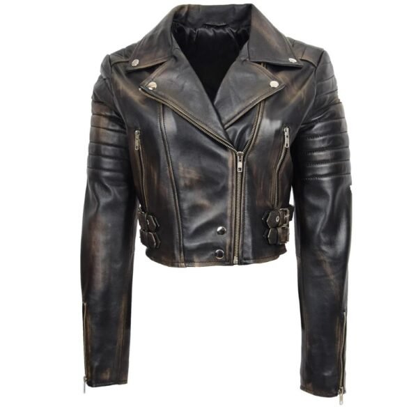 cropped black leather jacket for women