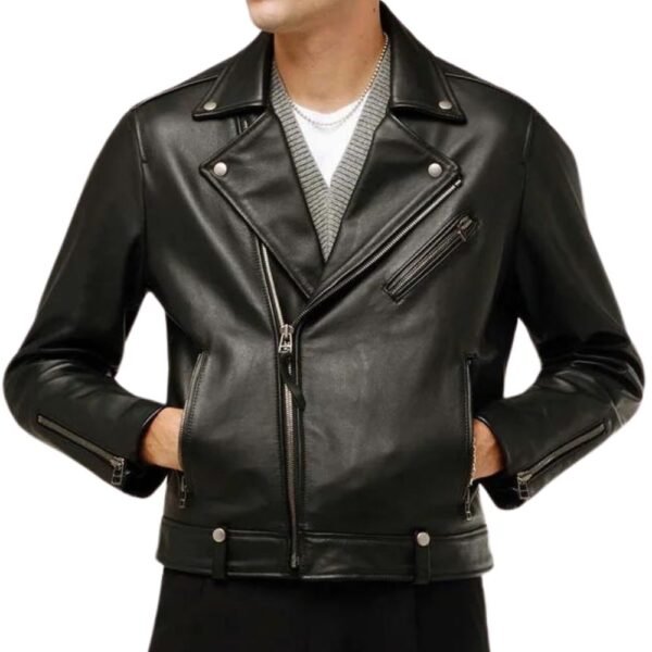 fashionable black lambskin leather moto jacket