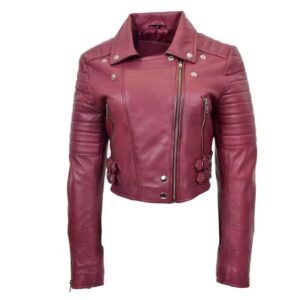 fashionable cropped burgundy leather jacket