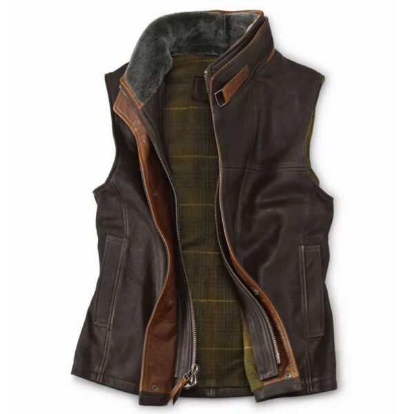 real brown leather vest with fur collar