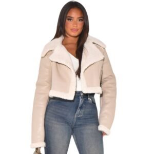 Beige Cropped Sheepskin Leather Fur Jacket for Women