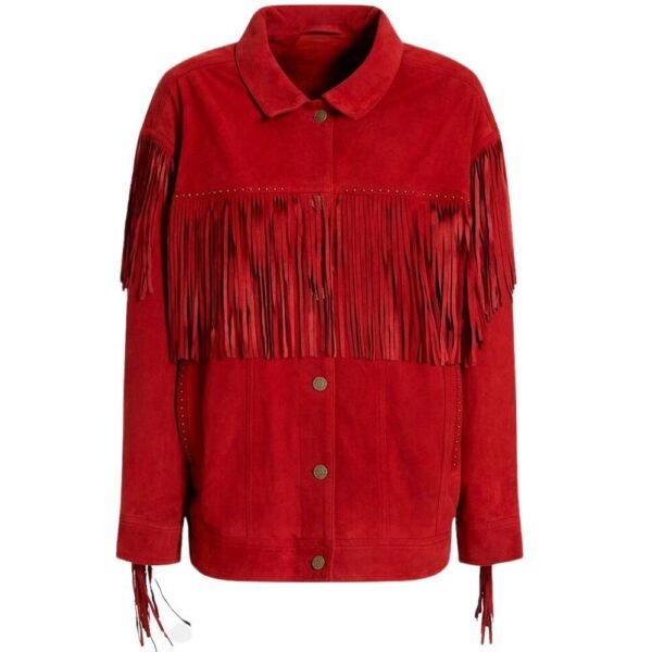 bright red fringe suede jacket