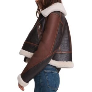 brown leather shearling jacket women's