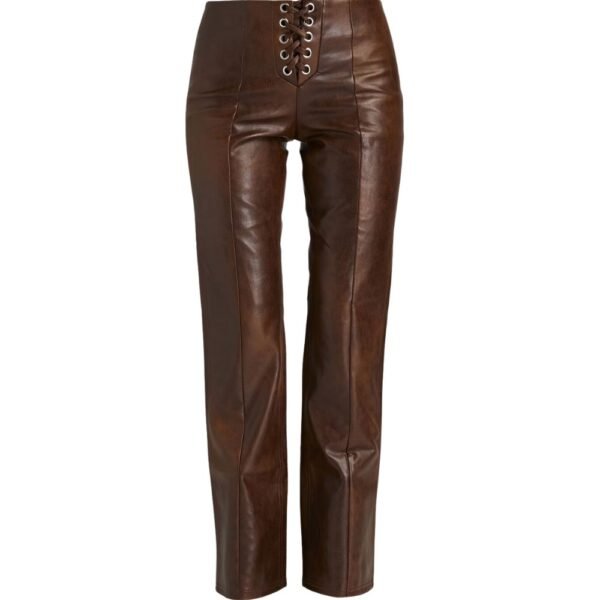 brown leather stacked pants