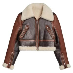 cropped brown shearling jacket women's