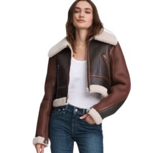 women's brown leather jacket shearling wool collar style