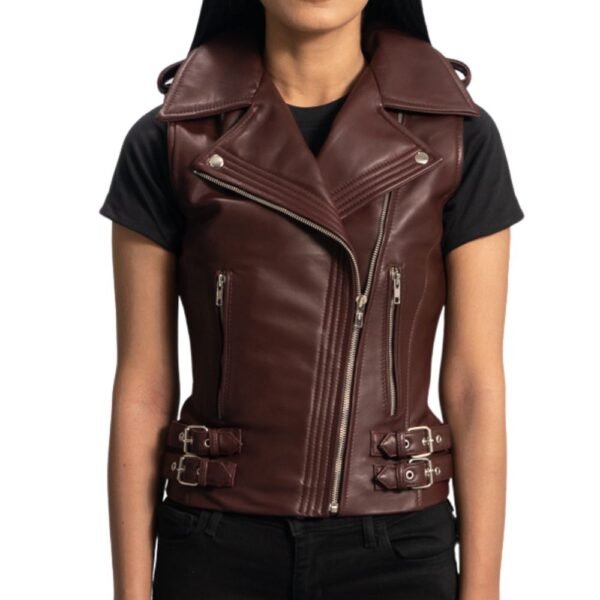 zipper brown leather biker vest