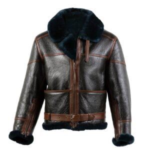 Black Leather Shearling Bomber Jacket for Men