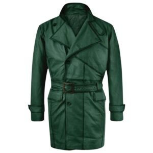 green leather trench coat