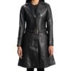 black leather long trench coat