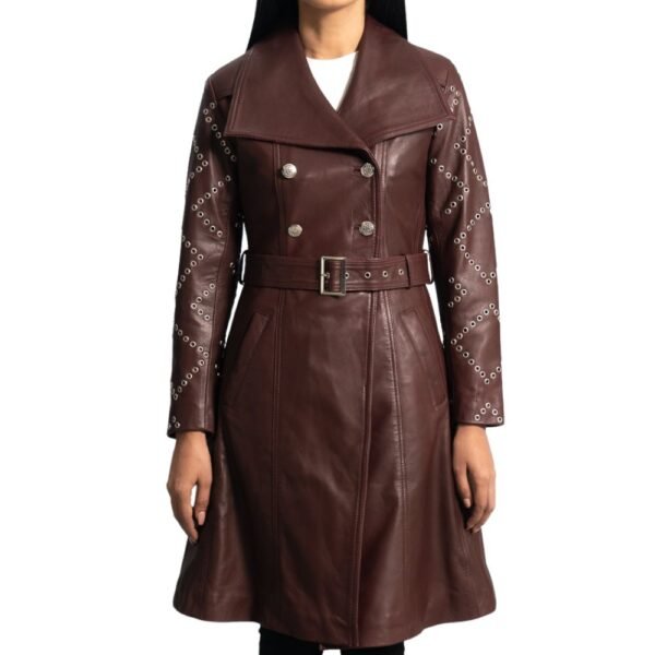 brown leather trench coat