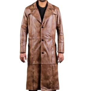 distressed brown leather coat