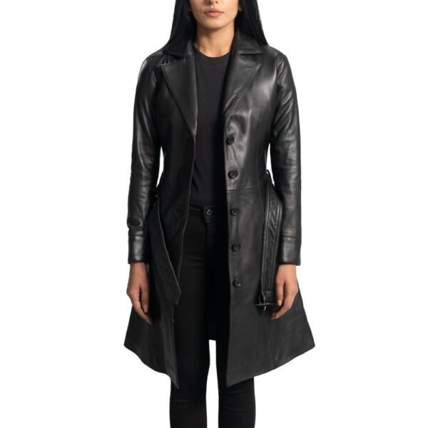 ladies black leather trench coat