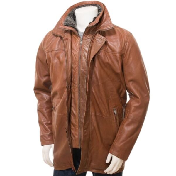 mens 3 4 length brown leather jacket