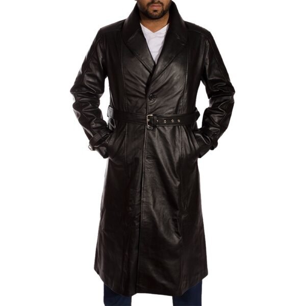 mens black leather full length trench coat