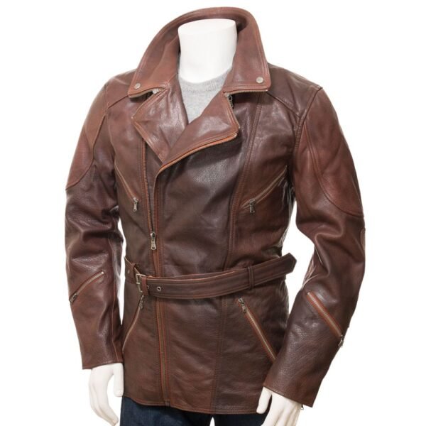 mens brown leather trench coat full length